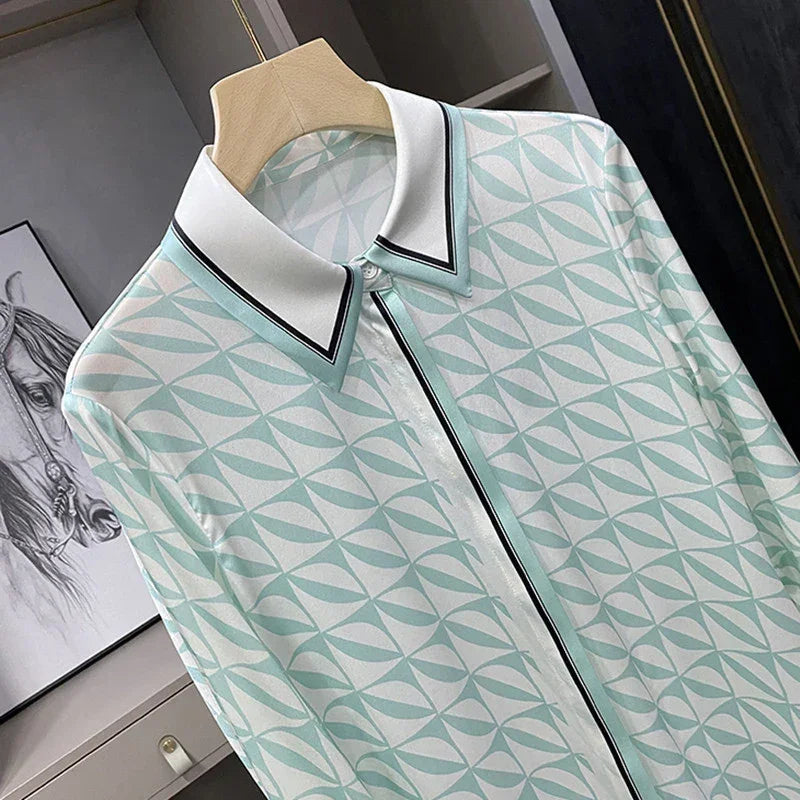Print Blue Button Up Casual Top - Palm and Thread