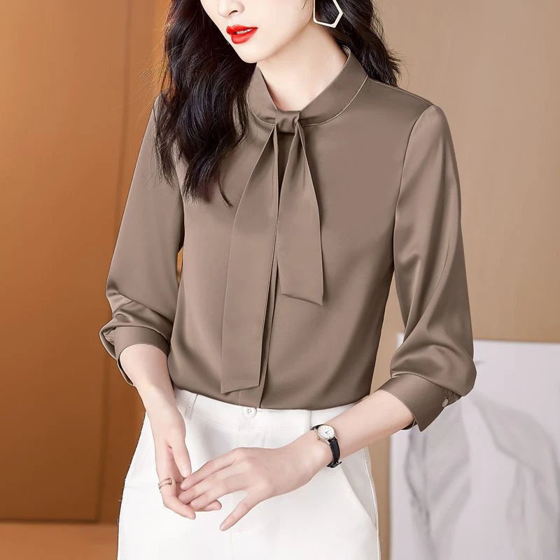 Satin Elegant Fashion Bow Tie Blouse - Palm and Thread