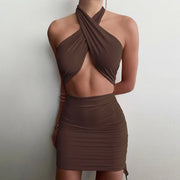 Sexy Brown Cross Halter Cut-Out Mini Dress