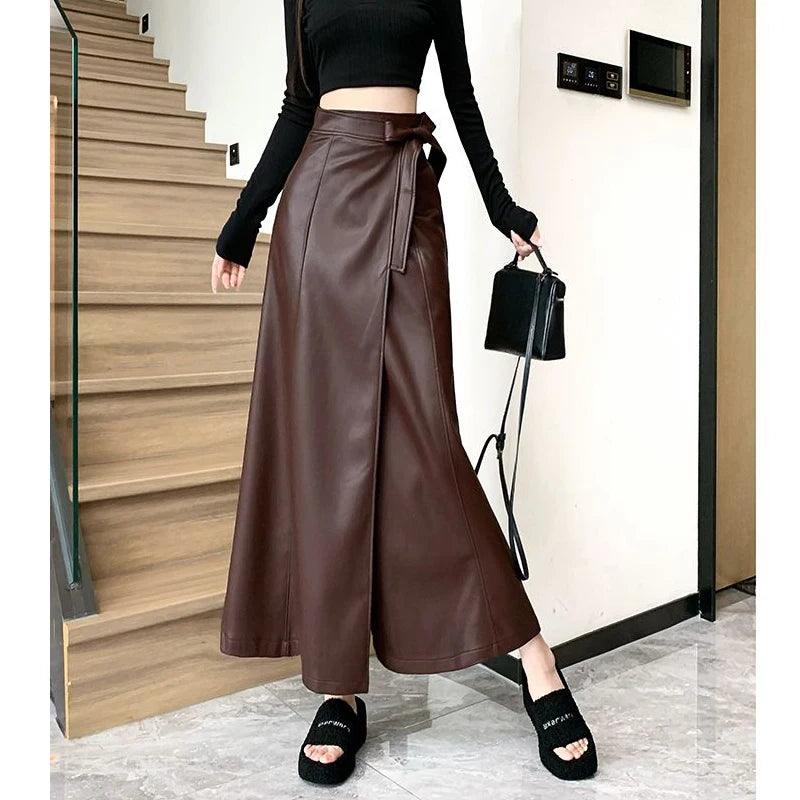 Vintage Elegant Lace-up PU Leather Maxi Skirt - Palm and Thread