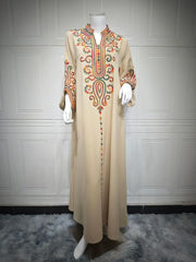 Elegant Long Sleeve V-neck Embroidery Abaya - Palm and Thread