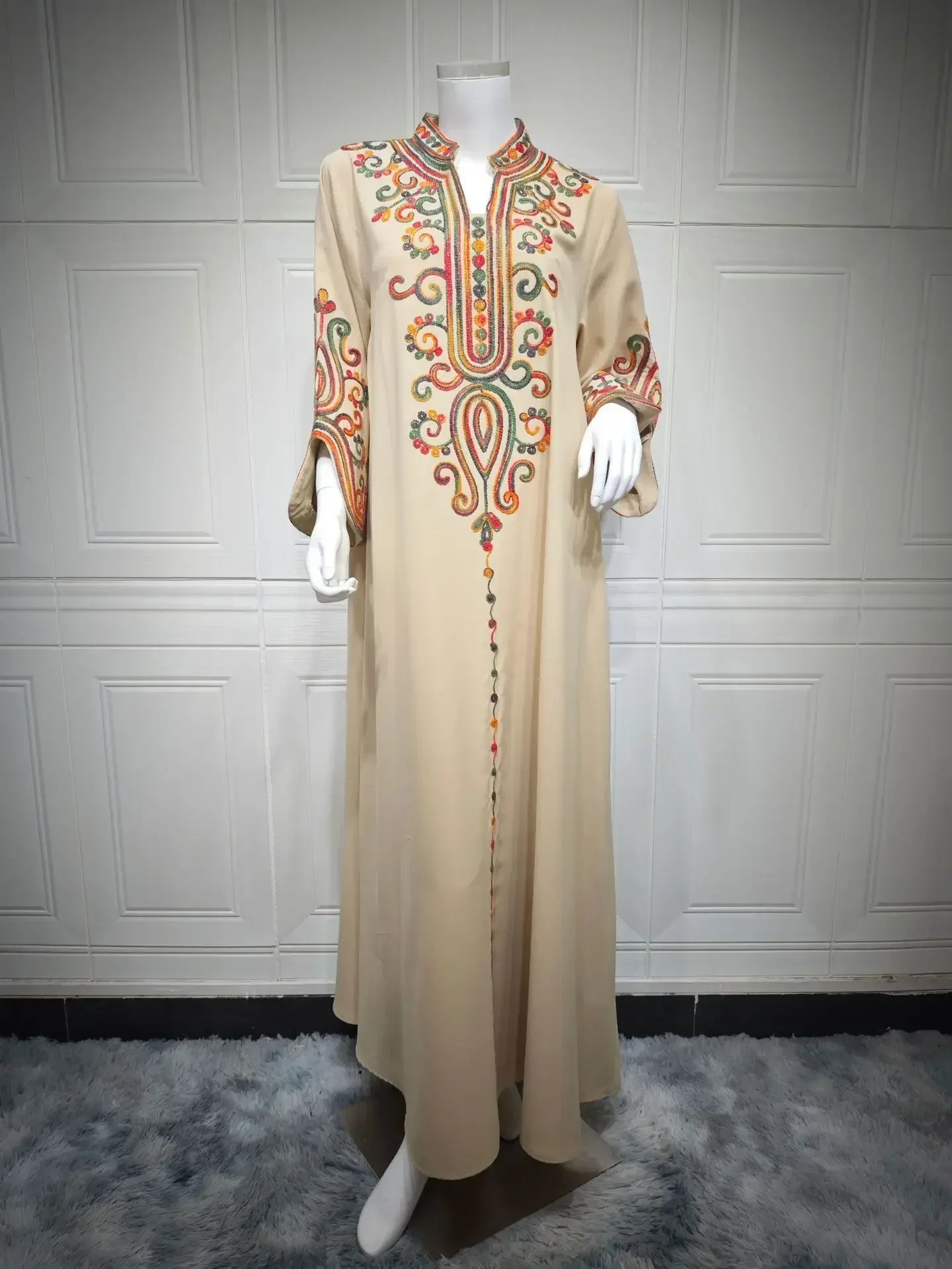 Elegant Long Sleeve V-neck Embroidery Abaya - Palm and Thread