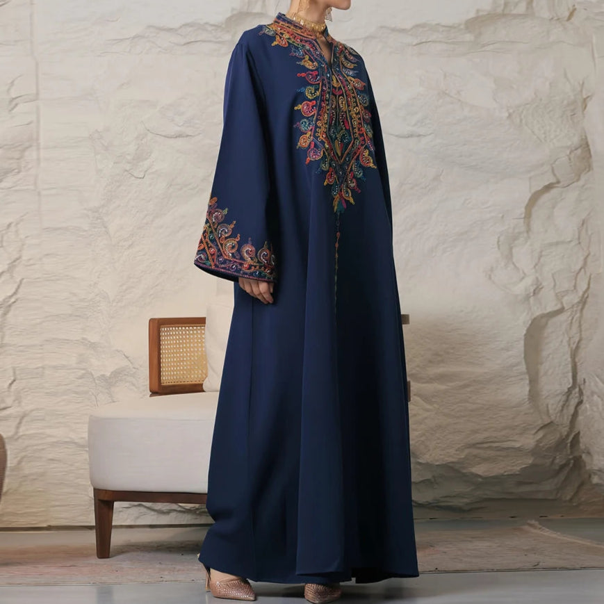 Embroidery V-Neck Long Dress Abaya - Palm and Thread