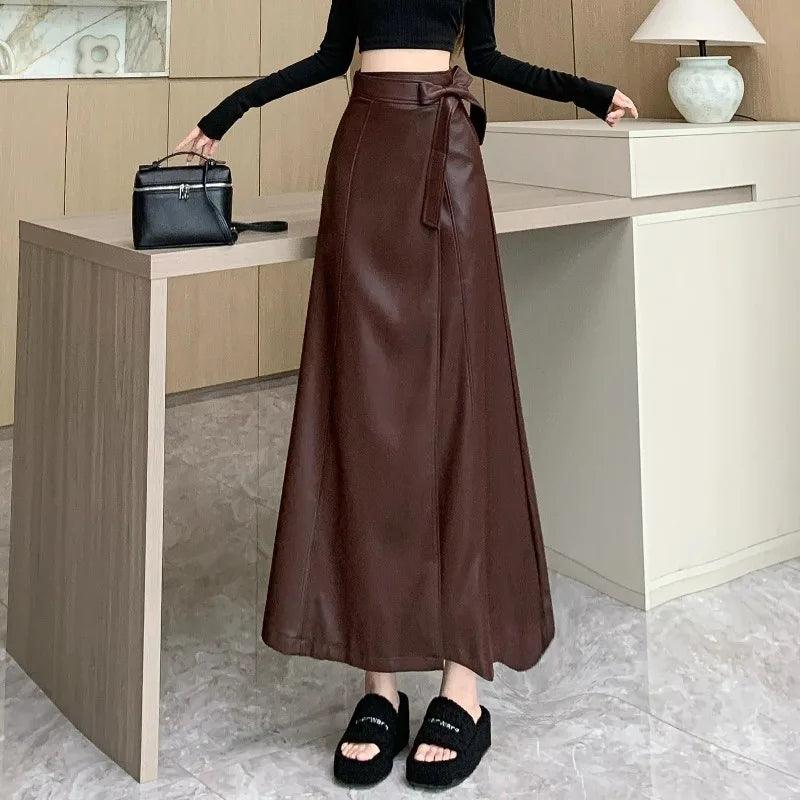 Vintage Elegant Lace-up PU Leather Maxi Skirt - Palm and Thread