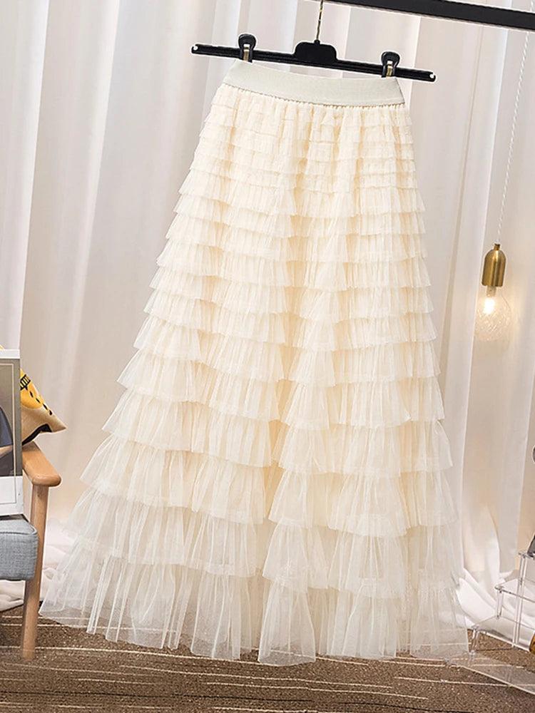 A-line Gauze Spliced Solid Color Loose Skirt - Palm and Thread