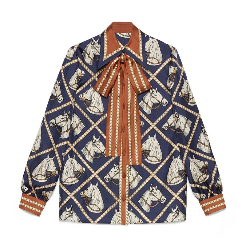 Check Equestrian Print Silk Shirt - Palm and Thread