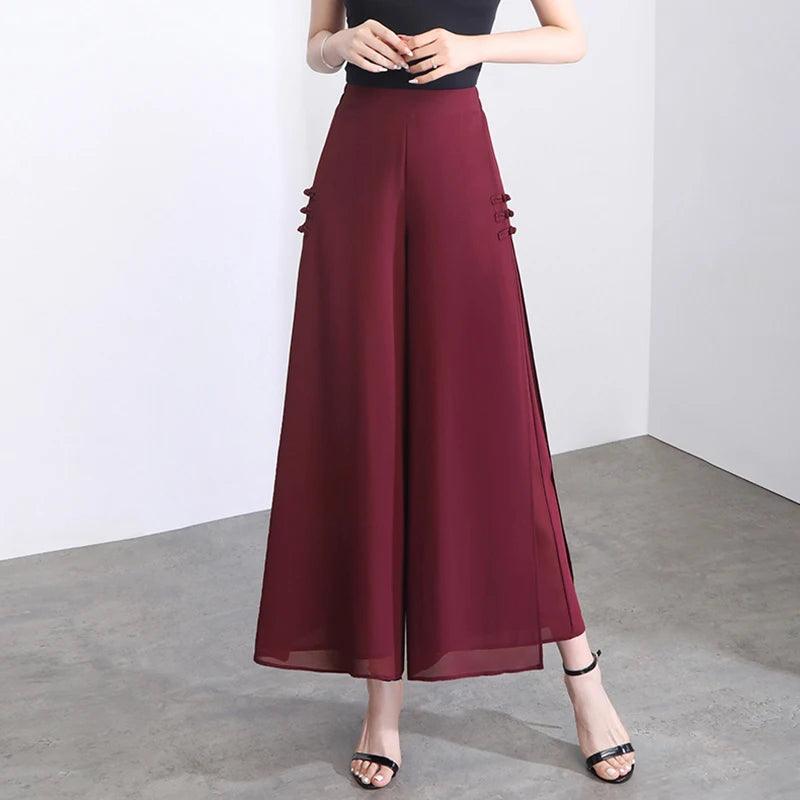 Side Slit Chiffon Thin Elastic Waist Wide Leg Pants Chic Droop - Palm and Thread