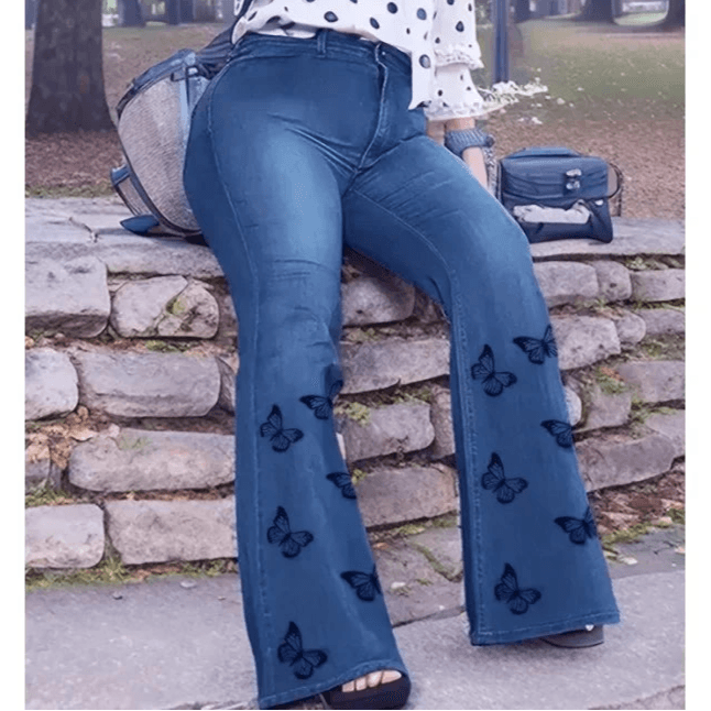 Plus Size Butterfly Print Jeans, Fly Flare Leg Casual Jeans Pant - Palm and Thread