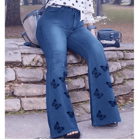 Plus Size Butterfly Print Jeans, Fly Flare Leg Casual Jeans Pant - Palm and Thread