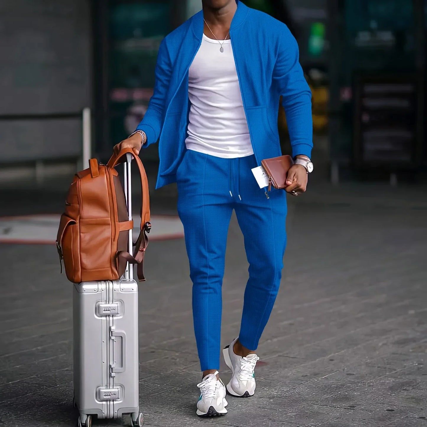 stand collar solid color + casual Waffle full pants suit