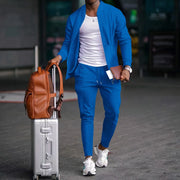 stand collar solid color + casual Waffle full pants suit