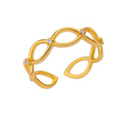 White Zircon Flower Leaf Shape Stainless Steel Ring - Palm and Thread