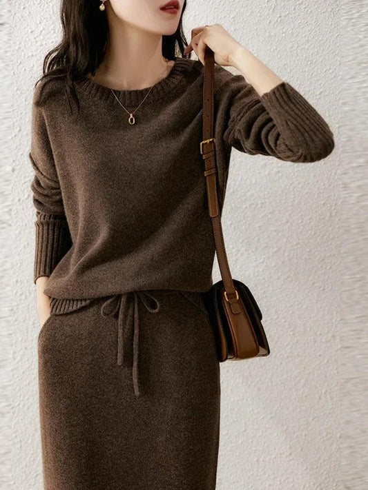 Solid Knitted Loose Pullover Sweater Skirt Matching Set - Palm and Thread