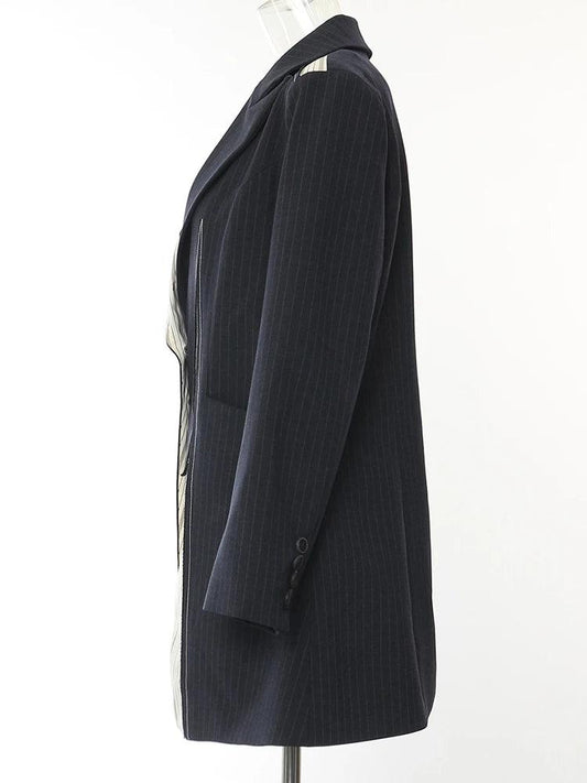 Navy Blue Striped Irregular Elegant Blazer New Lapel Long Sleeve Jacket - Palm and Thread