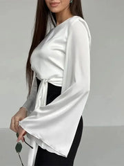 White Satin V-Neck Long Sleeve Shirt - Palm and Thread