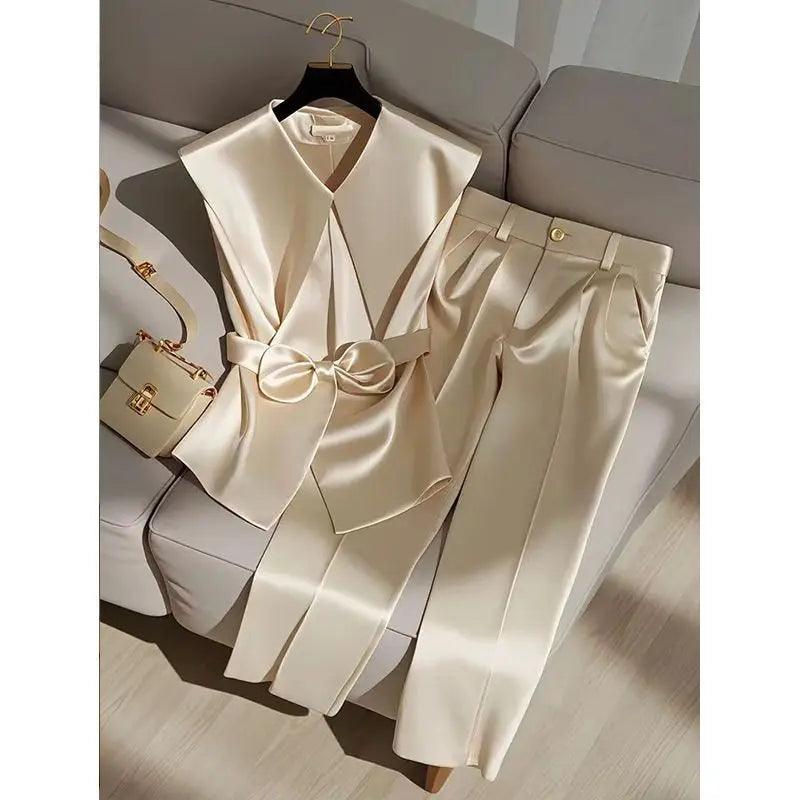 Satin Elegant OL Peter Pan Collar Bow Sleeveless Vest + High Waist Wide Leg Pant Two Piece Set - Palm and Thread