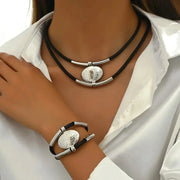 Vintage Oval Faux Leather Necklace Bracelet set - Palm and Thread