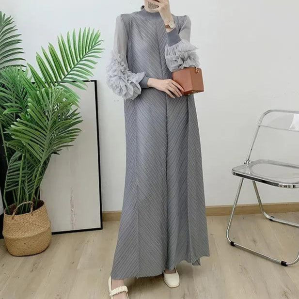 Pleated Maxi Mesh Petal Sleeve Half Turtleneck Dress Abaya - Palm and Thread