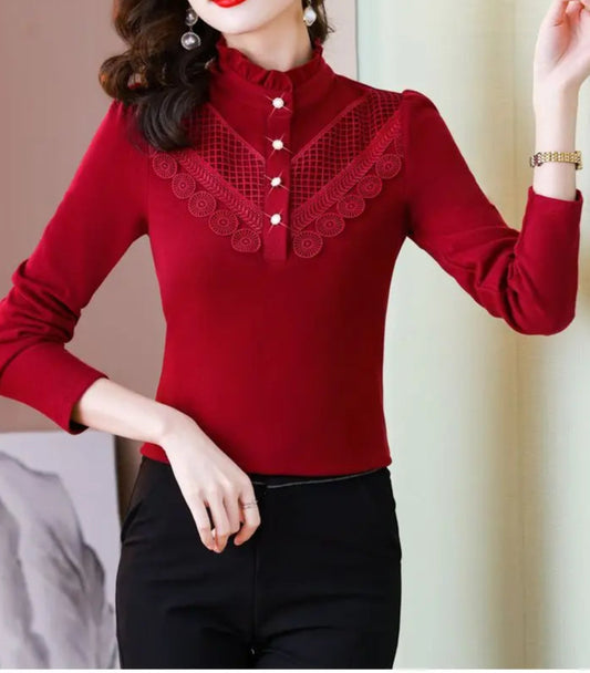 Elegant Ruffle Lace Slim Warm Long Sleeve Basic T-shirt - Palm and Thread