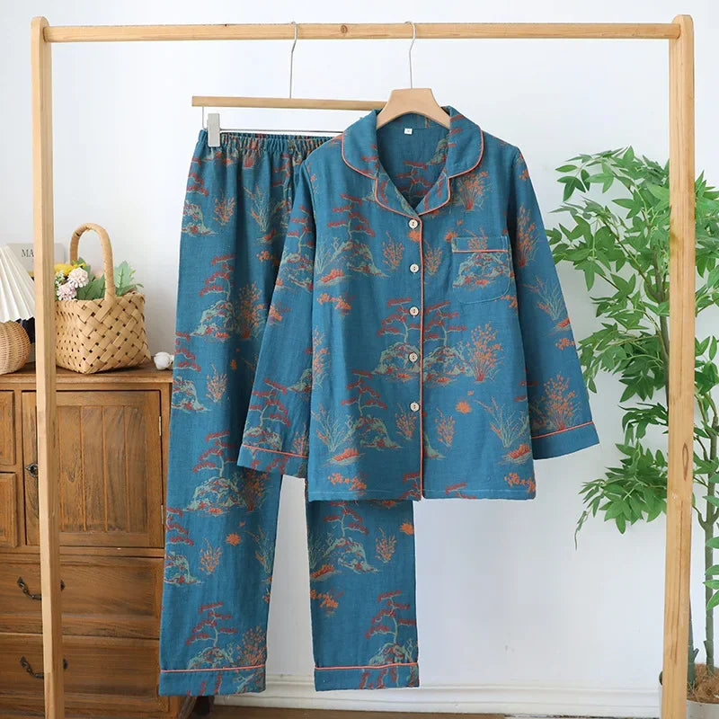Long-sleeved trousers two-piece cotton crepe flower leaves Pajama set - Palm and Thread