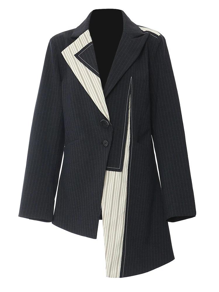 Navy Blue Striped Irregular Elegant Blazer New Lapel Long Sleeve Jacket - Palm and Thread