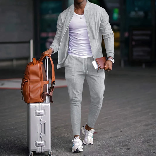 stand collar solid color + casual Waffle full pants suit