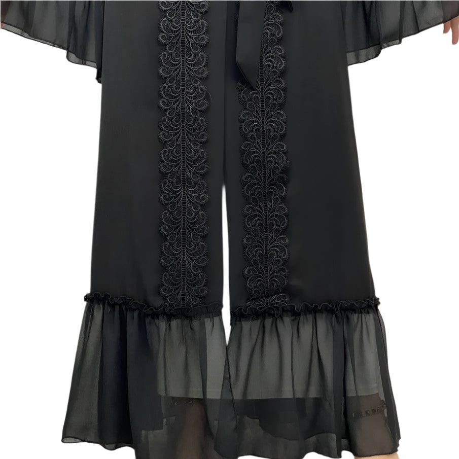 Black Abaya Embroidery Flare Sleeve with Belt - Palm and Thread