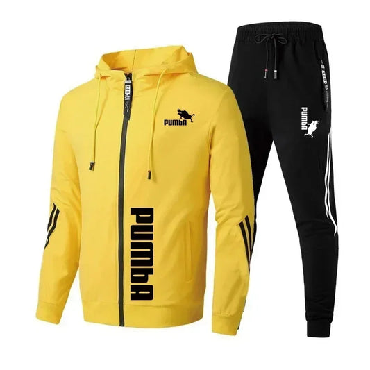 Print Zipper Hooded Jacket Coat+Slim Sweatpants Set