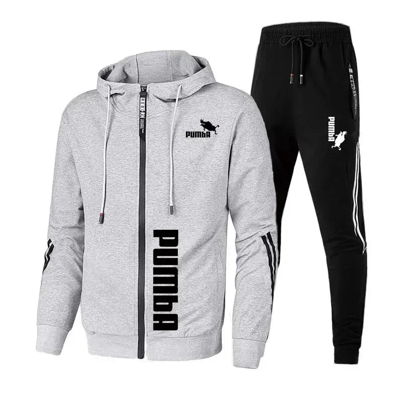 Print Zipper Hooded Jacket Coat+Slim Sweatpants Set