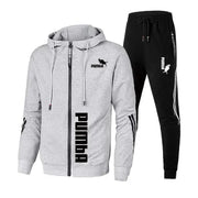 Print Zipper Hooded Jacket Coat+Slim Sweatpants Set