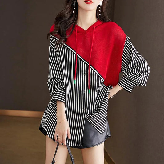 Fashion Striped Patchwork Hooded Shirt Top - Palm and Thread