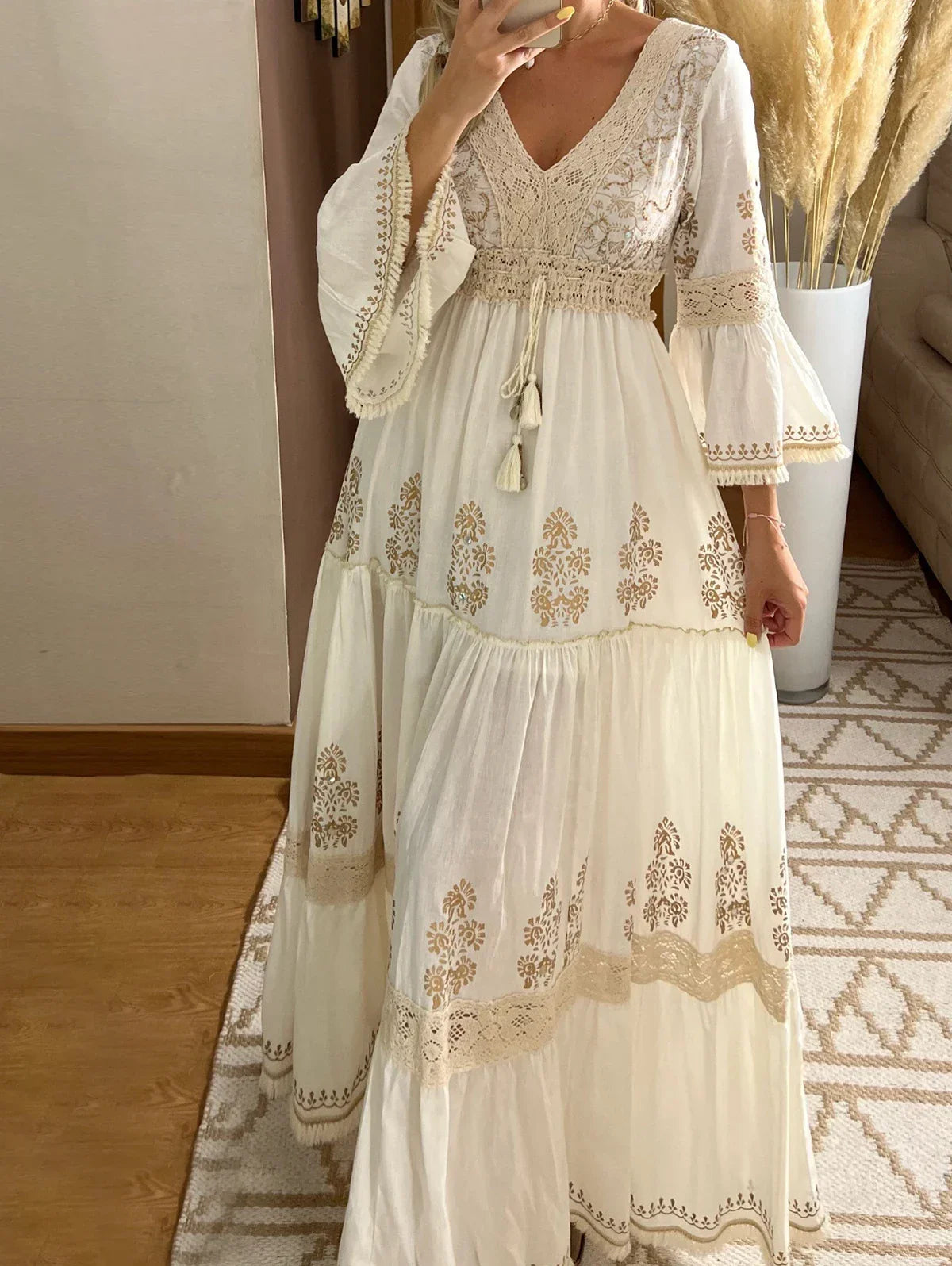 Floral Print Lace V-Neck Long Sleeve Dress - Palm and Thread