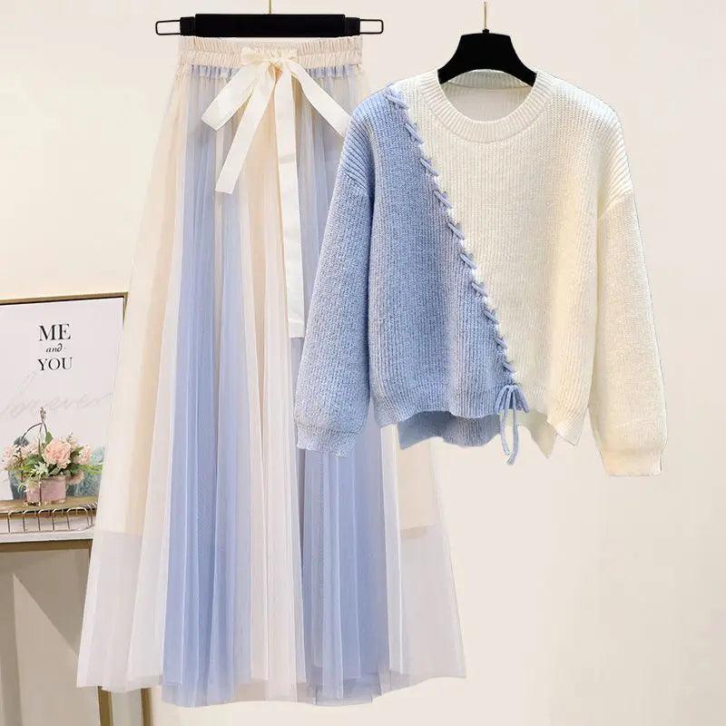 Spliced Knitted Sweater Slim Half Skirt matching Set - Palm and Thread