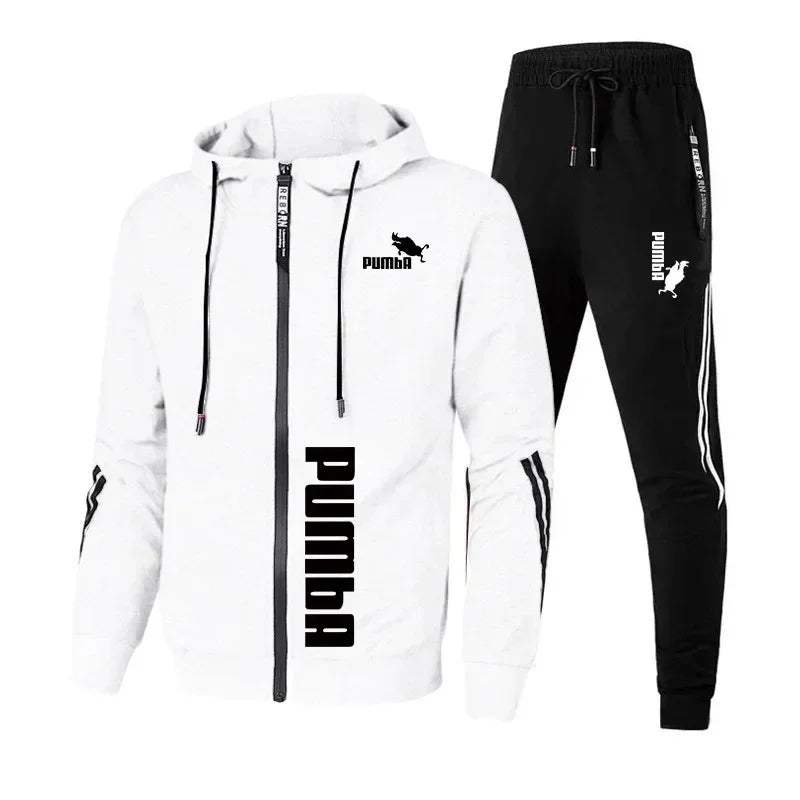Print Zipper Hooded Jacket Coat+Slim Sweatpants Set