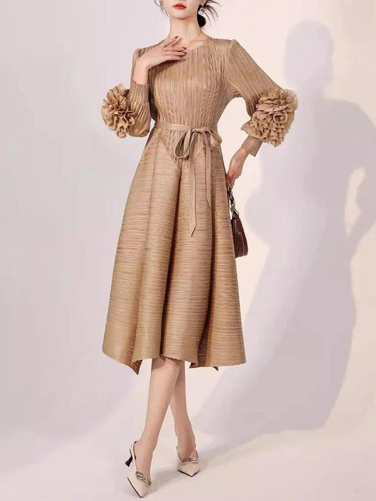 Pleated 3D Floral Sleeves Belt Gathered Waist Dress - Palm and Thread