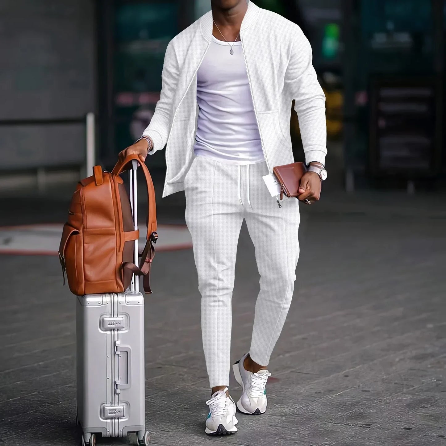 stand collar solid color + casual Waffle full pants suit