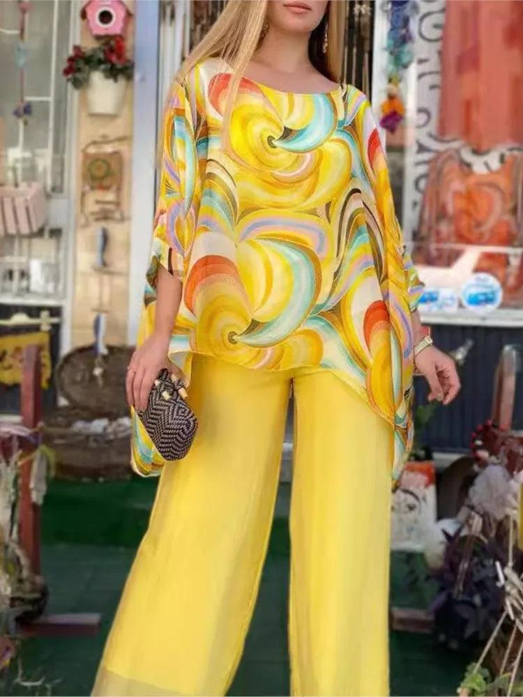 Colorful Chiffon top + Long Pant Matching Set - Palm and Thread