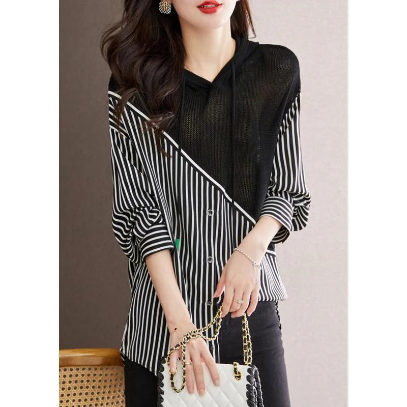 Fashion Striped Patchwork Hooded Shirt Top - Palm and Thread