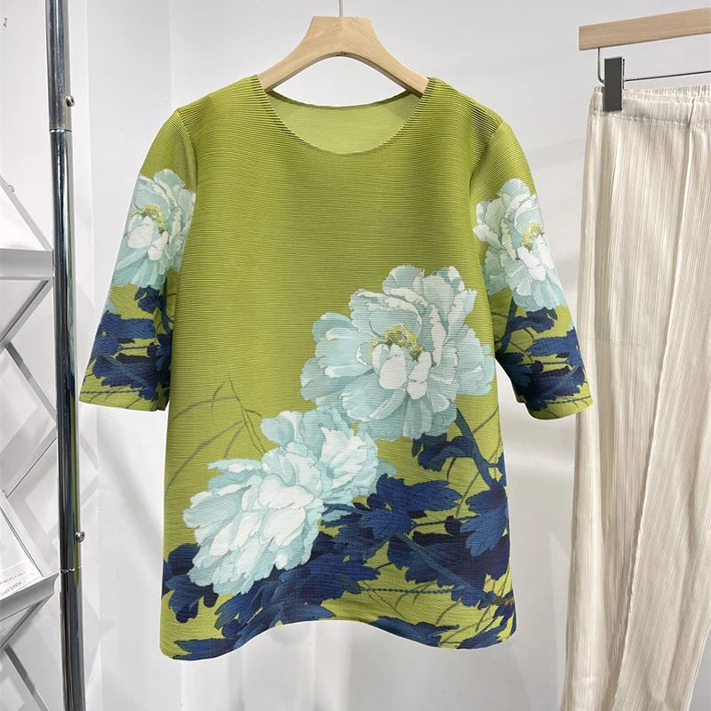 Pleated printed peony blooming Top - Palm and Thread