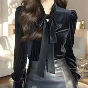 Long Sleeved Velvet Bow Blouse - Palm and Thread
