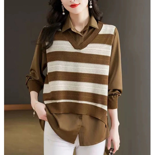 Striped Knitted Fake Two-piece Blouse - Palm and Thread