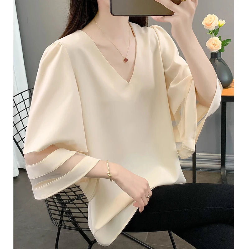 Mesh Patchwork V Neck 3/4 Sleeve Blouse - Palm and Thread