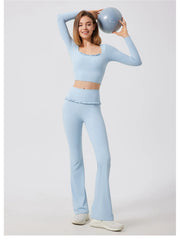 Padded Long Sleeve Crop Top & High Waist Flared Leggings