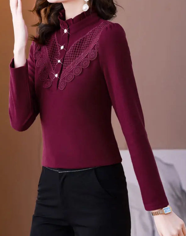 Elegant Ruffle Lace Slim Warm Long Sleeve Basic T-shirt - Palm and Thread