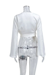 White Satin V-Neck Long Sleeve Shirt - Palm and Thread