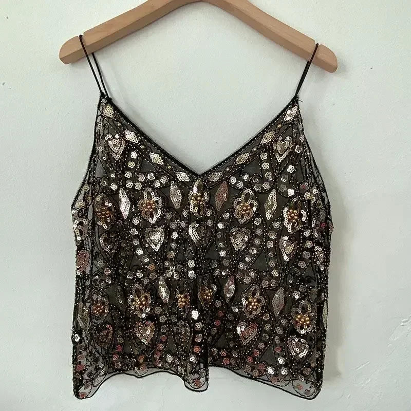 Sequin Bead Sling Slim Fit Straight Tank Top - Palm and Thread