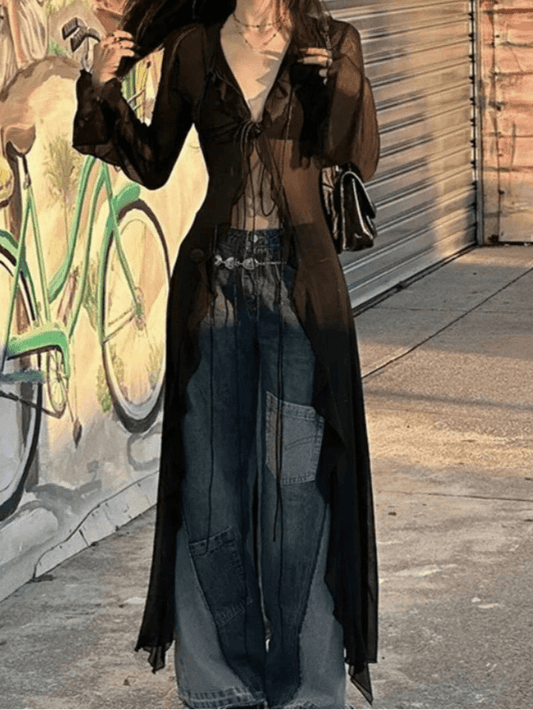 Black See Through Long Cardigan Blouse - Palm and Thread