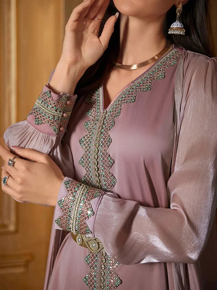 Elegant Floral Applique Long Sleeve Glamorous Kaftan Dress - Palm and Thread