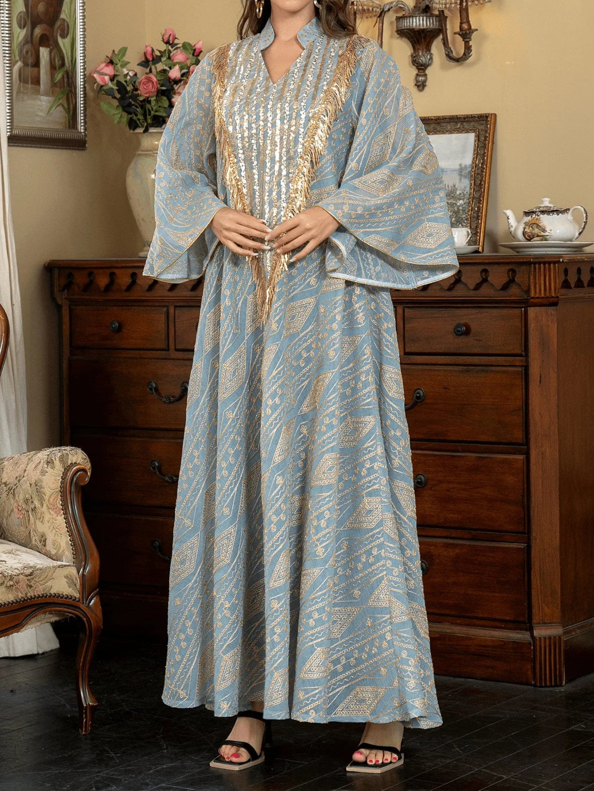 Embroidered Sequined Robe Abaya - Palm and Thread