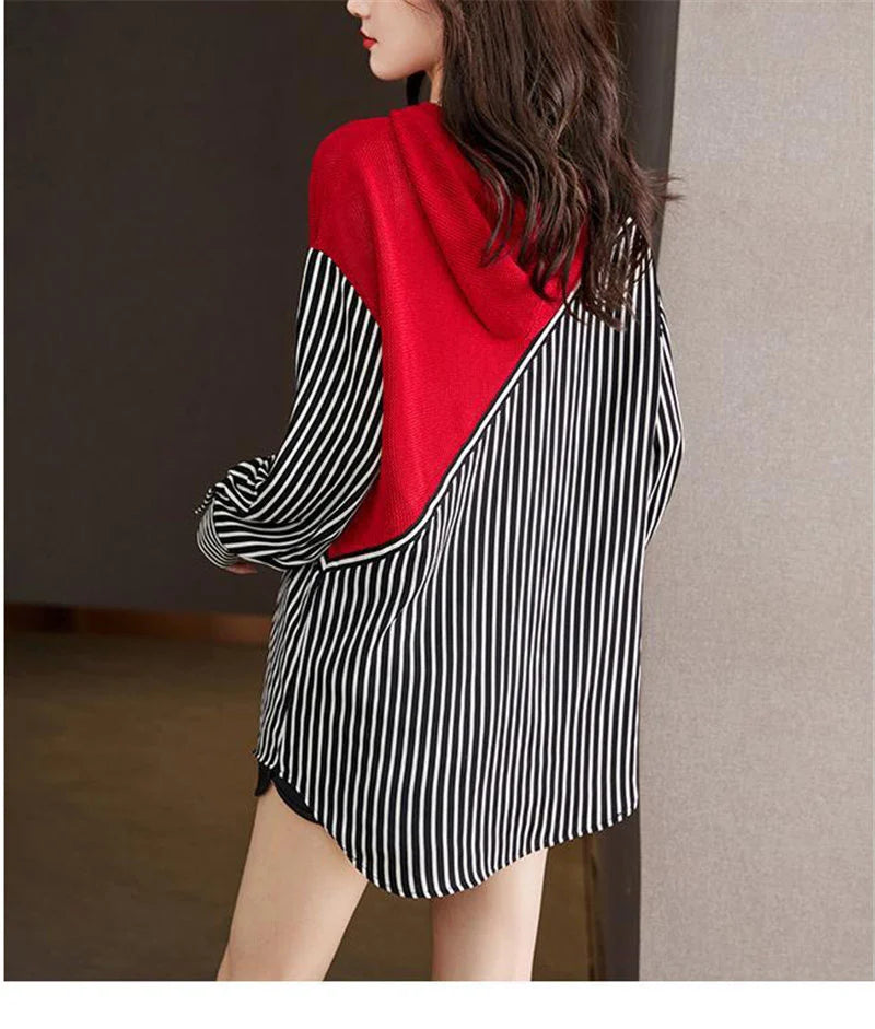 Fashion Striped Patchwork Hooded Shirt Top - Palm and Thread